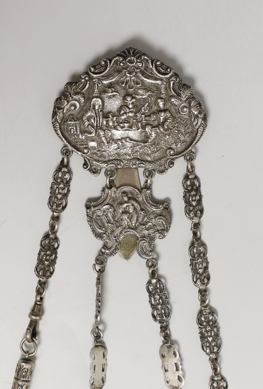 A Victorian silver chatelaine with three (ex 4) accessories, Miller Brothers, London, 1889, 29.2cm.
